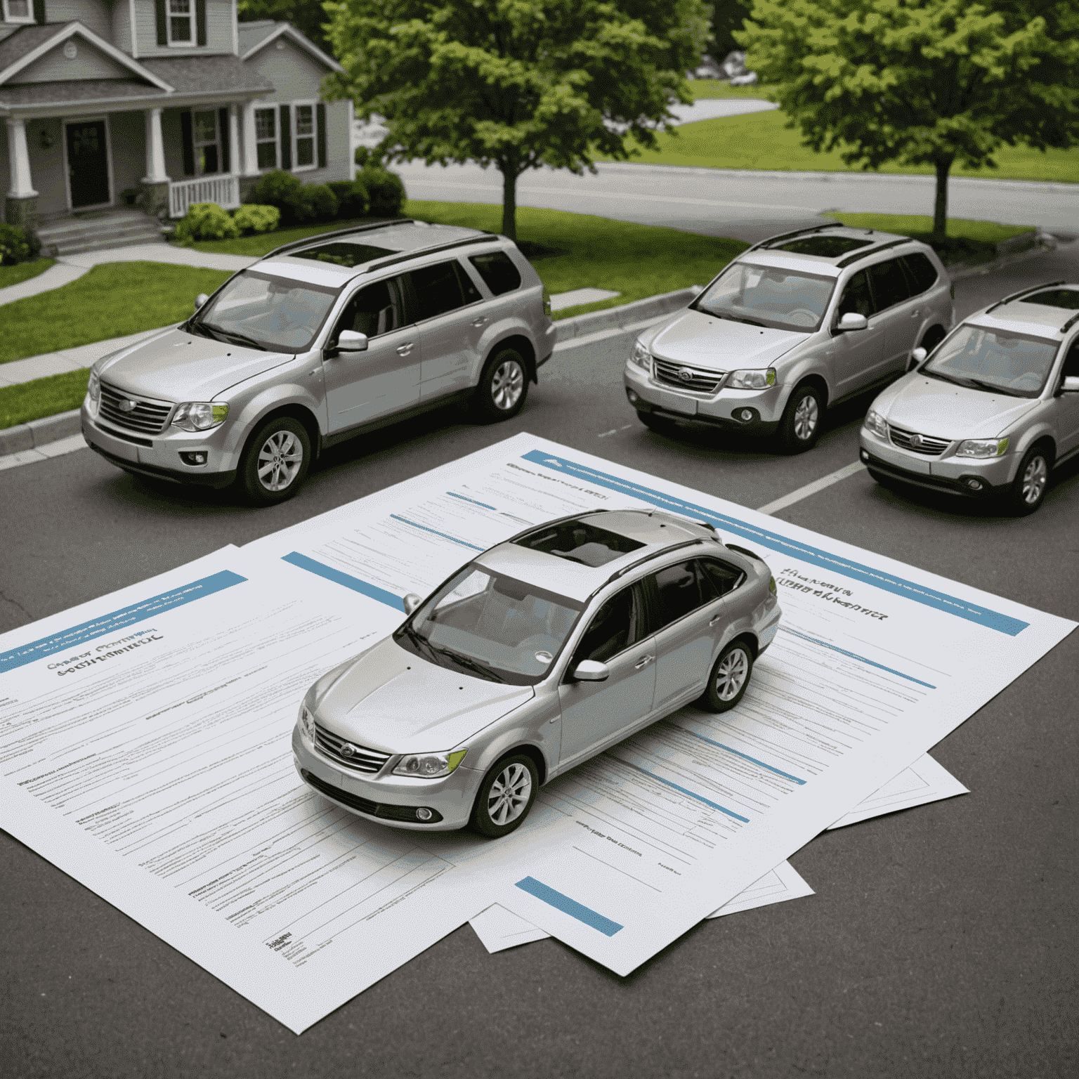 Verschillende auto's die een familie bezit, geparkeerd naast elkaar, met een groot verzekeringsdocument ervoor