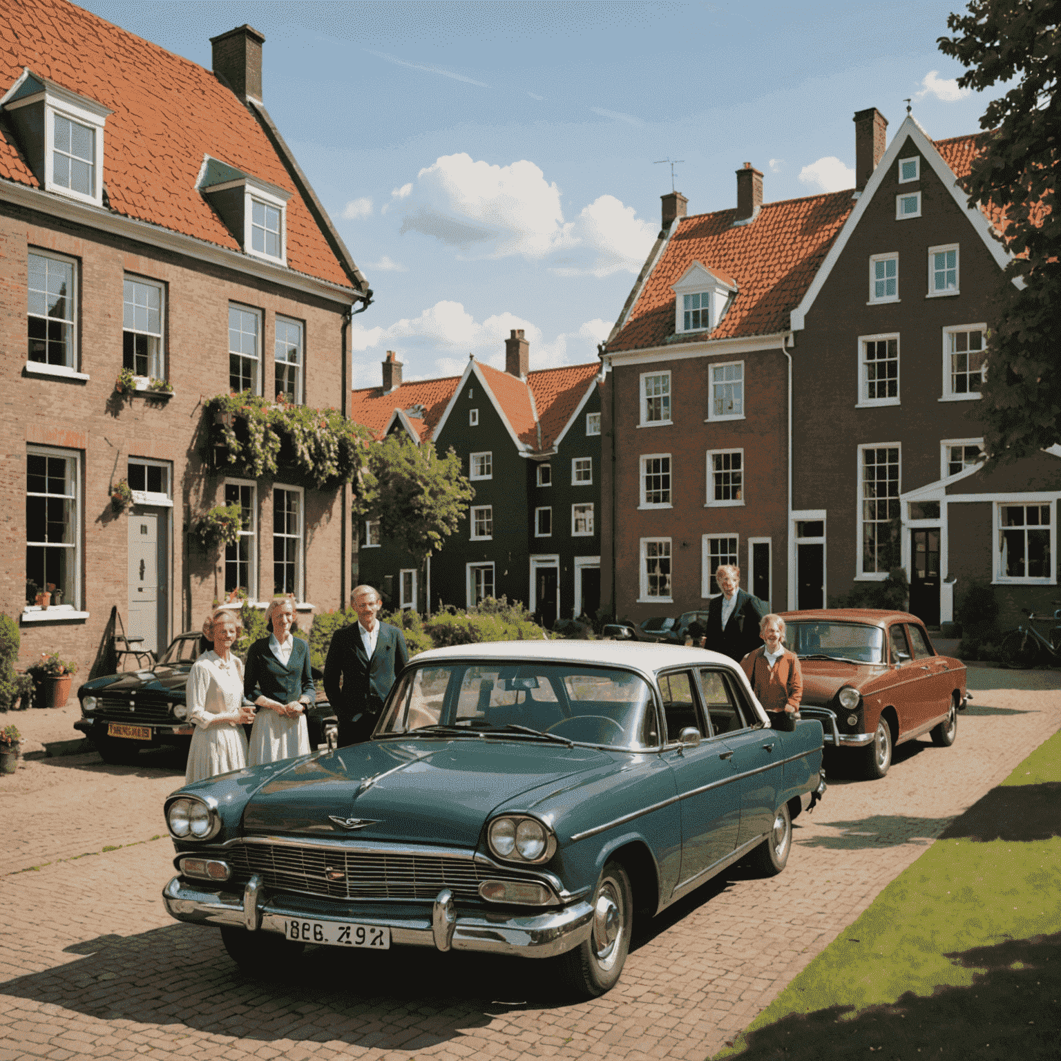 Een Nederlandse familie staat naast hun drie auto's geparkeerd voor een typisch Nederlands huis met een gracht op de achtergrond