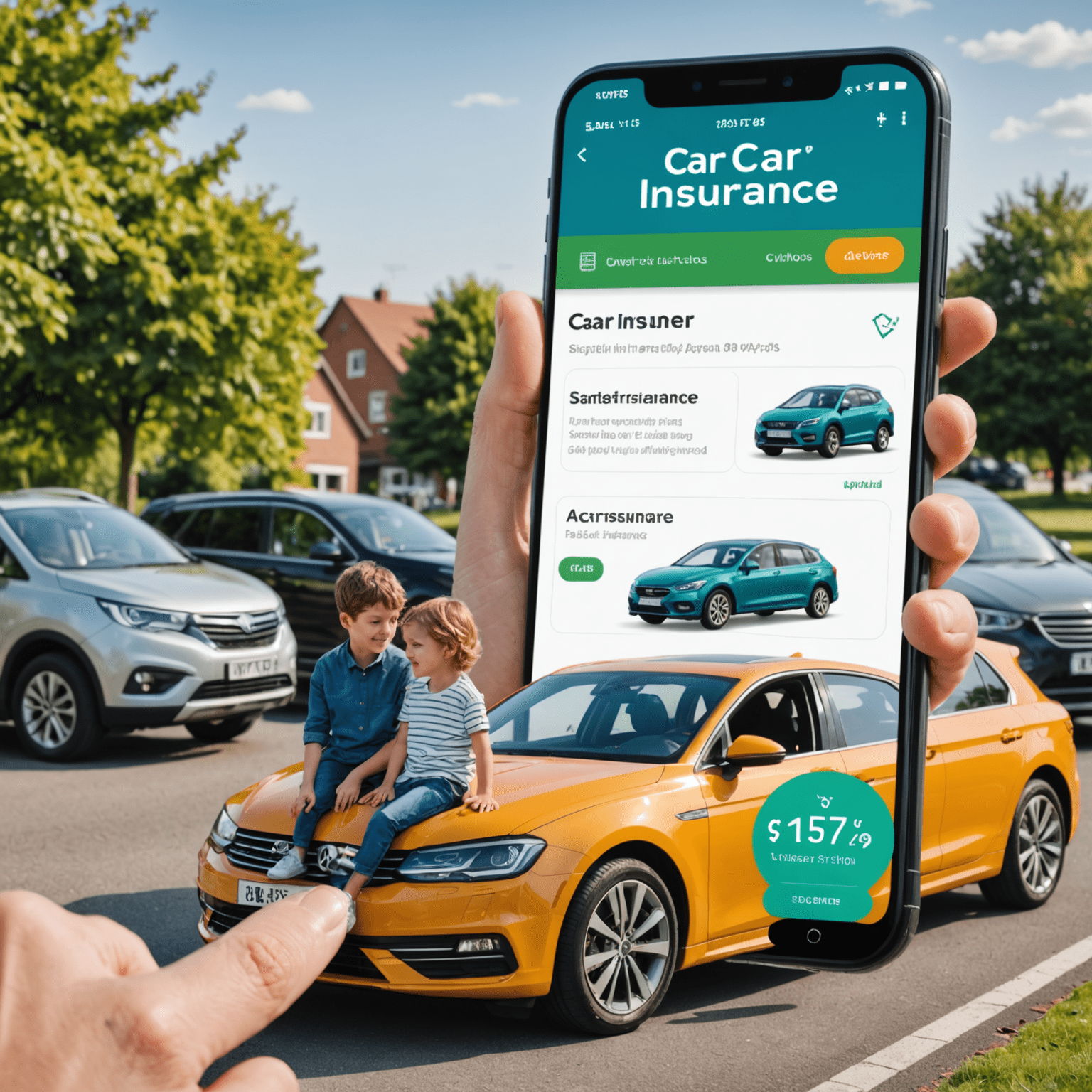 Een smartphone met een autoverzekerings-app op het scherm, met op de achtergrond een gezin dat naast hun auto's staat