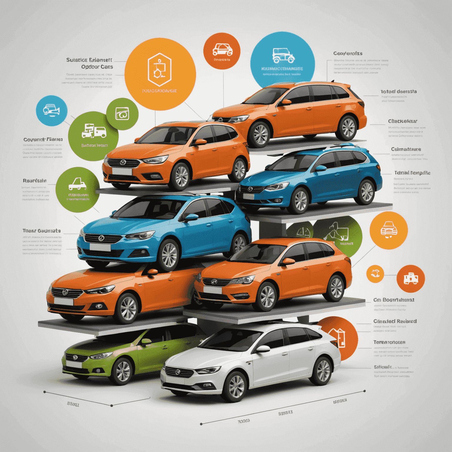 Een schematische weergave van verschillende verzekeringsopties voor meerdere auto's, met iconen die verschillende dekkingsniveaus en voordelen weergeven