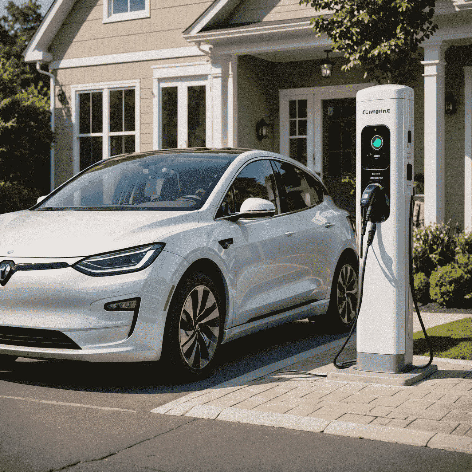 Een elektrische auto die wordt opgeladen bij een thuislaadstation, met een verzekeringslogo zichtbaar