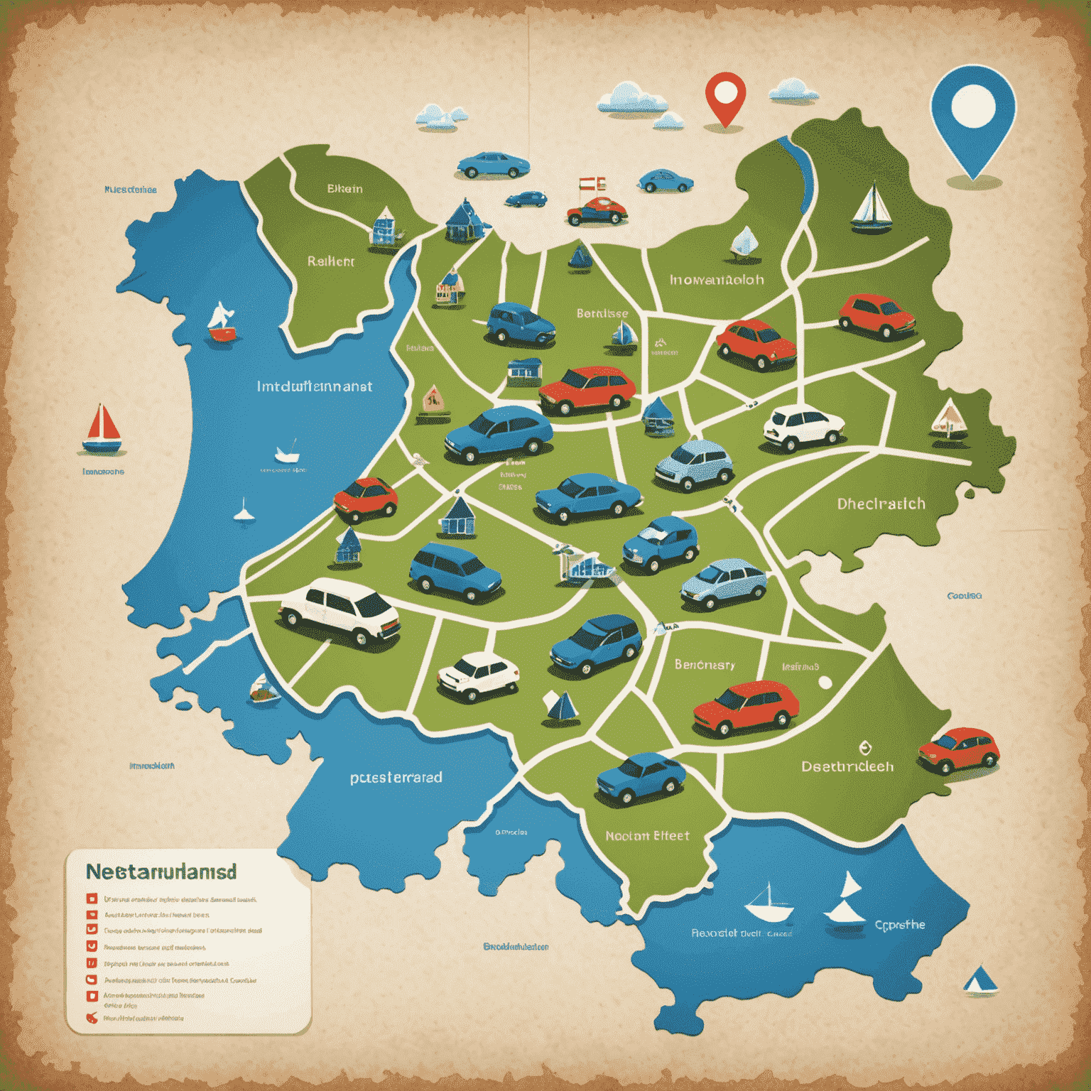 Een kaart van Nederland met autosymbolen en verzekeringsdocumenten, die de specifieke regelgeving voor gezinsvloten illustreert